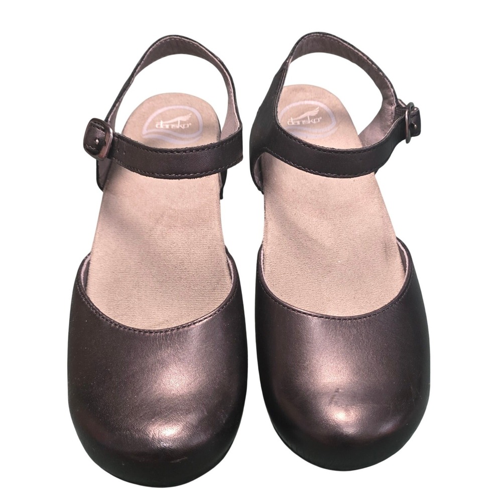 Dansko Sam Black Leather Mary Jane Clogs Ankle Strap Block Platform Heels Sz 8.5
